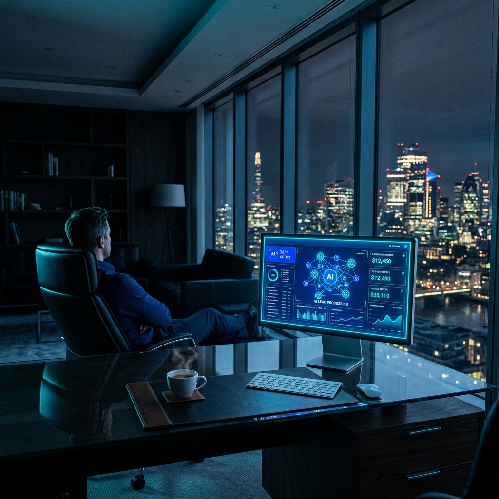 Agente de IA trabajando en escritorio nocturno